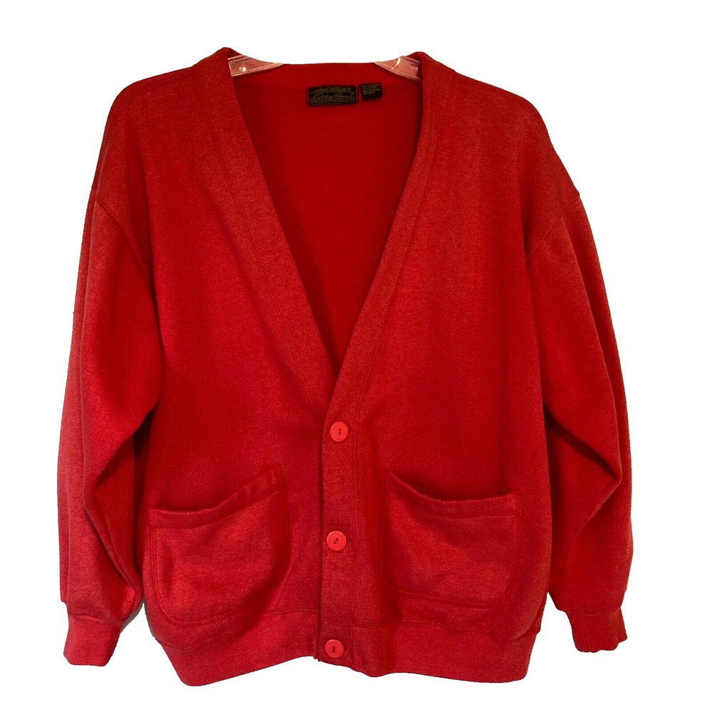 Vintage Eddie Bauer Red Sweater with Front Pockets 3 Button, Polyester, Comfy